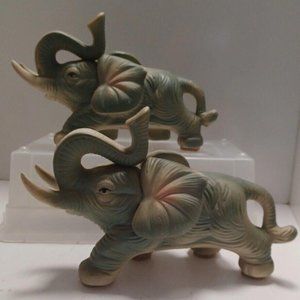 Vintage Pair Of Ceramic Figurine Elephants 10" Textured Trunk Up For Good Luck